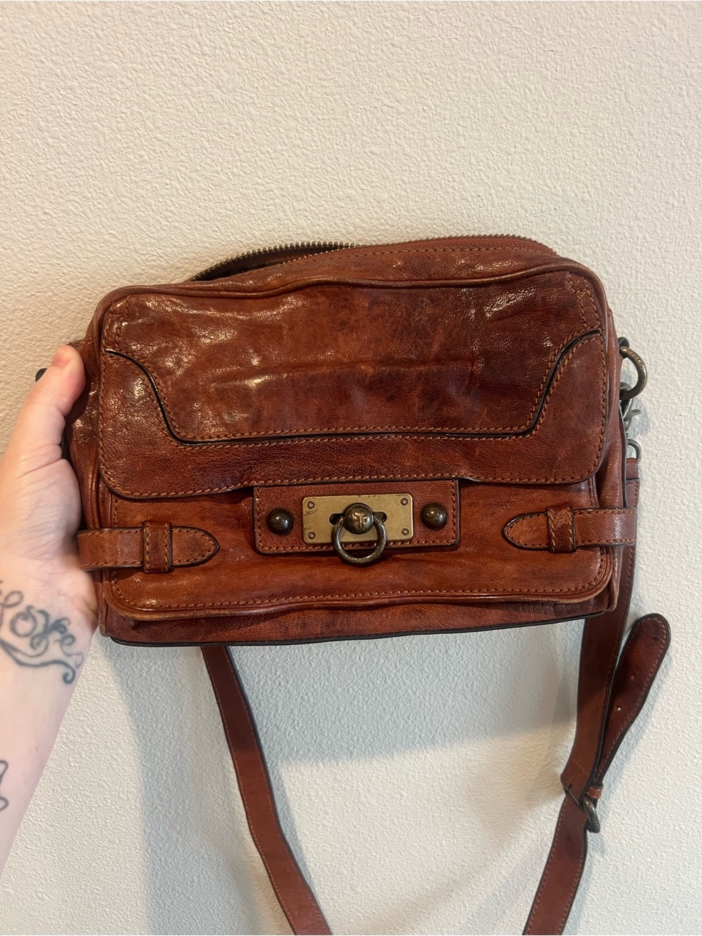 Frye Tan Leather Messenger Bag with Brass Hardware
